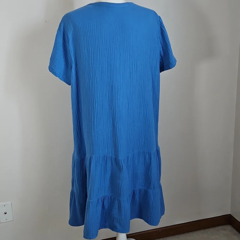 J Jill XL Crinkle Cotton Short Sleeve Midi Dress Blue 1/2button Up Ruffle Tiers - Picture 3 of 7